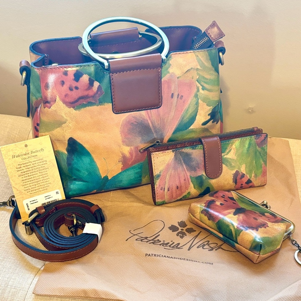 LIKE NEW Patricia Nash 3 pc set Watercolor Butterfly Empoli Leather Bag